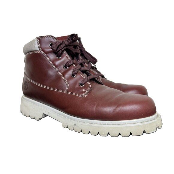 Vintage 90s Timberland Men's Brown Leather 6" Lace-Up Boots, White Sole, Size 11 - Picture 1 of 11